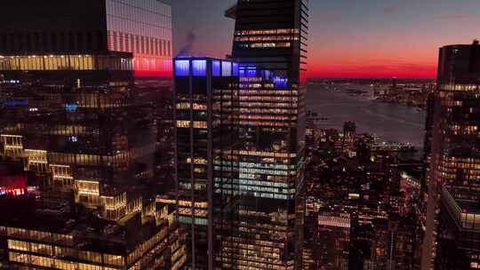航拍曼哈顿哈德逊广场摩天大楼河流夜景灯光视频素材模板下载