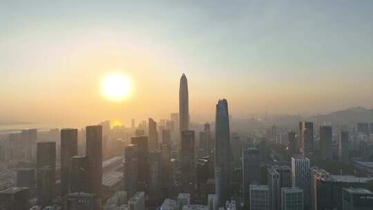 深圳福田区市中心航拍平安大厦夕阳黄昏日落