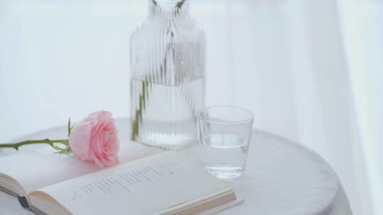 唯美房间空镜粉色玫瑰花与打开的书本