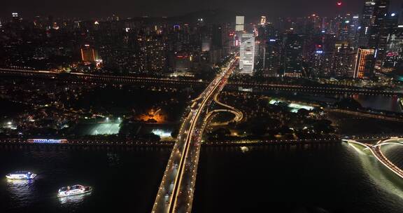 航拍广州大桥交通夜景