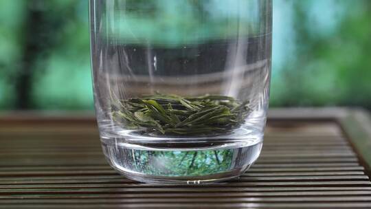 往玻璃杯中放绿茶叶泡茶