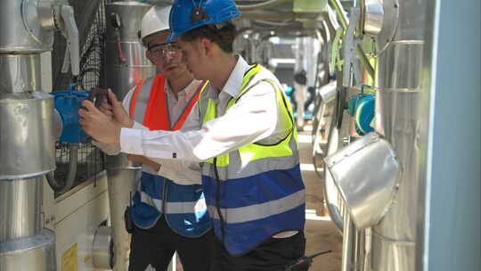 工程师和技术人员检查完成的空调和水系统