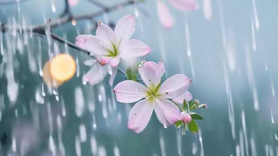 雨中盛开的粉色花朵特写