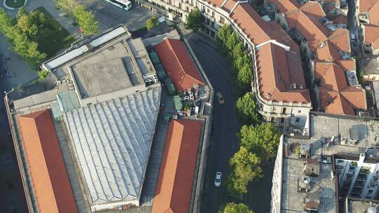 武汉江岸航拍俯视建筑红色屋顶鸽子飞过