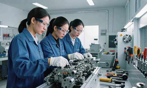 女工在车间操作机械