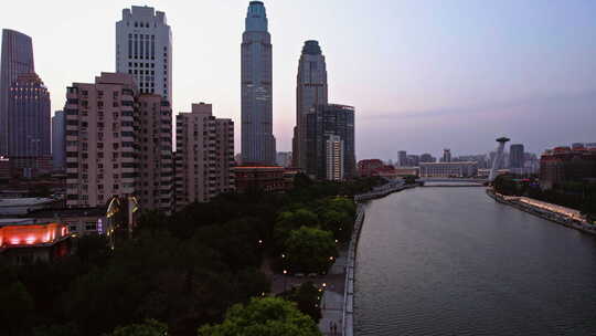 天津海河建筑风景线日落城市风光航拍