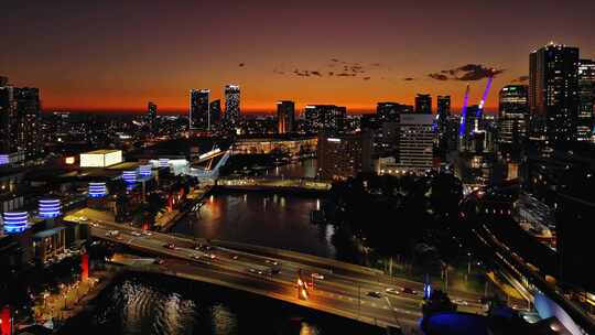 航拍澳大利亚墨尔本摩天大楼汽车大桥夜景灯