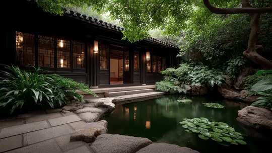 静谧古典中式园林建筑与池塘景观