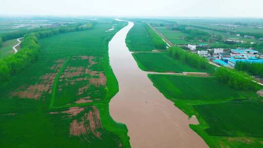 航拍乡村，麦田，河流，农村，江汉平原风光