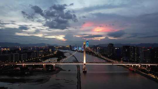 福建福州晚霞夜幕降临闽江大桥夜景灯光航拍视频素材模板下载