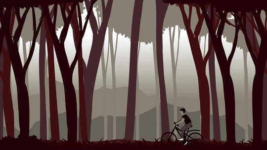 自行车环路二维动画。徒步旅行者骑自行车穿