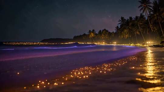 夜晚海滩椰林与波光美景