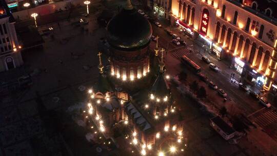哈尔滨圣索菲亚大教堂广场夜景视频素材模板下载