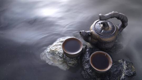 水面上的茶壶与茶杯