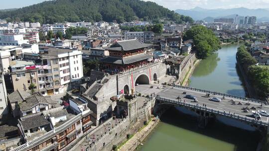 航拍福建长汀古城，济川门，长汀古城墙