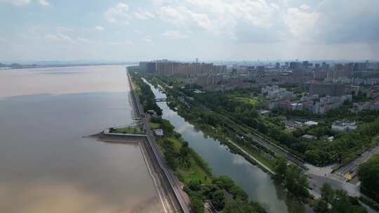 杭州钱塘江沿江边下沙美景航拍