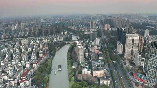 杭州大运河河畔环城北路夕阳航拍