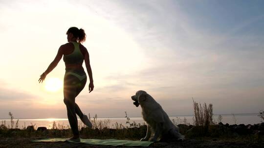 年轻的女士带着她的狗在外面做瑜伽