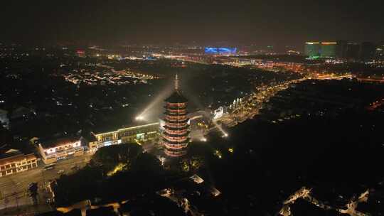 航拍苏州古城区北寺塔夜景