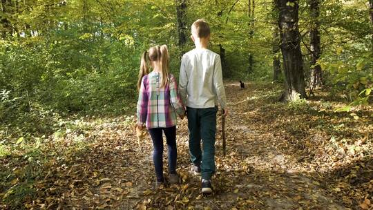 两个孩子走在秋天的森林里 