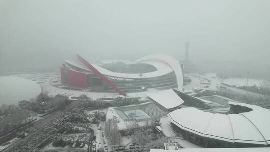 4k航拍南京河西奥体中心雪景