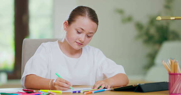 特写镜头专注于微笑的青少年女孩在办公桌上用绿色绒线笔在白纸上画画