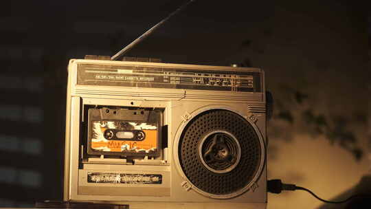 老式碎银磁带播放器站在桌子上，用音乐播放磁带视频素材模板下载