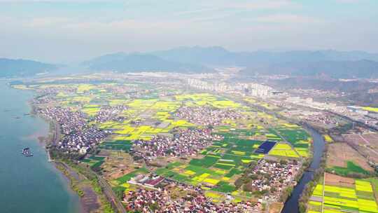 杭州富阳富春江两岸春天风景航拍