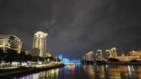 城市河流夜景灯火辉煌的景象