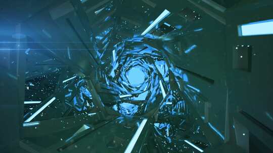 虚构宇宙飞船的蓝色走廊。抽象的未来技术概