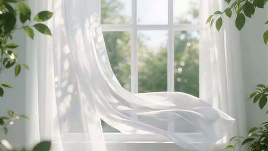 窗边飘动的白色窗帘和绿植