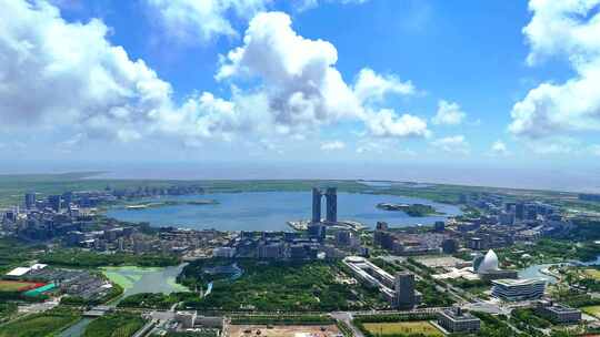 航拍上海临港自贸区 滴水湖全景