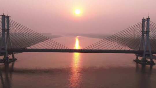 山东济南黄河大桥日出航拍