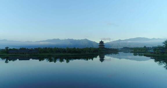 西安鄠邑区渼陂湖景区湖面航拍