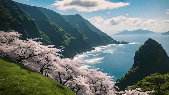 山海间盛开的樱花树风景