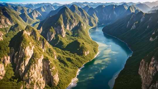 高山峡谷河流全景