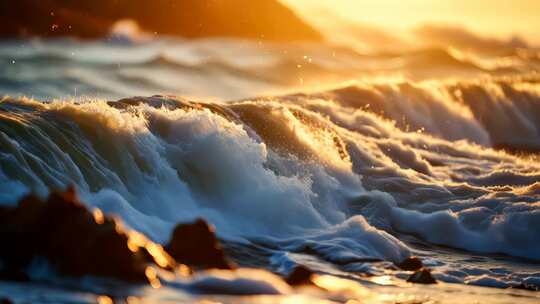 夕阳下海浪翻涌景象