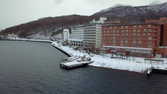 日本北海道洞爷湖温泉镇风光航拍