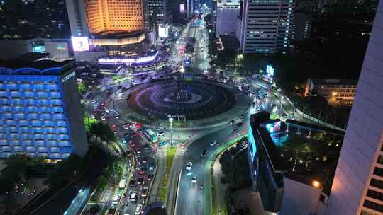 印尼雅加达城市密集的高楼群夜景航拍风光