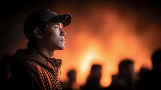 青年眺望人群燃烧的希望之火