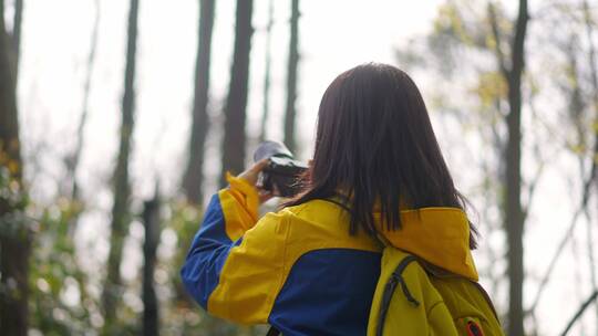 阳光明媚的春天年轻女孩拿着相机在路上拍照视频素材模板下载