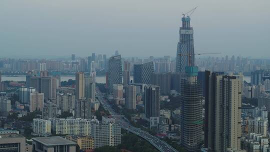 武汉江滩航拍长江大桥在建大楼城市高楼