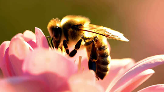 蜜蜂于花朵上采蜜特写