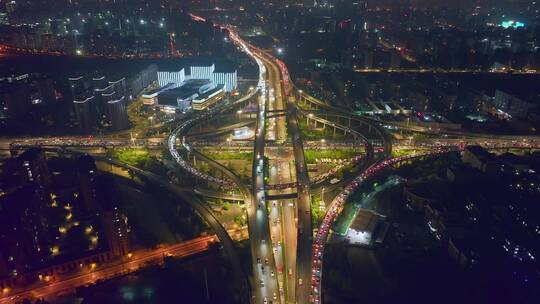 航拍城市立交桥夜景车流