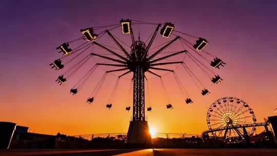 日落时分游乐场旋转飞椅画面