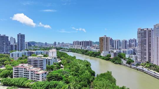 航拍海南三亚河岸城市风光