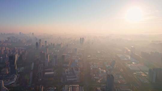 杭州滨江城市雾霾天气能见度差航拍