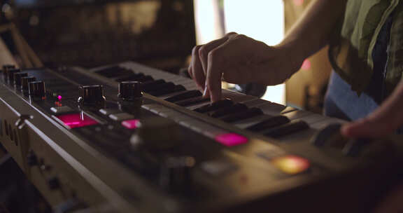 年轻的高加索女人的手演奏着另类音乐合成器