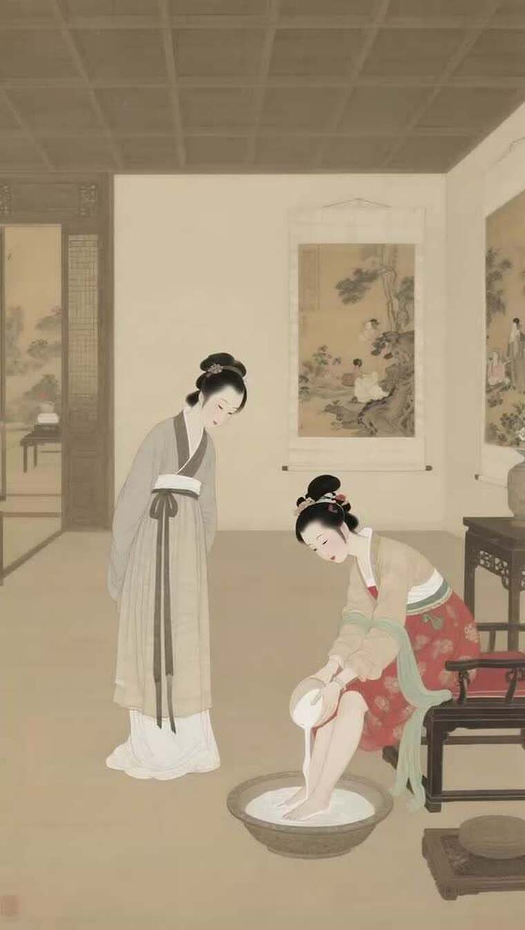 古风女子室内洗脚场景
