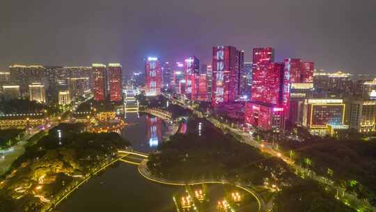 广东佛山千灯湖魁星阁夜景灯光航拍延时4K